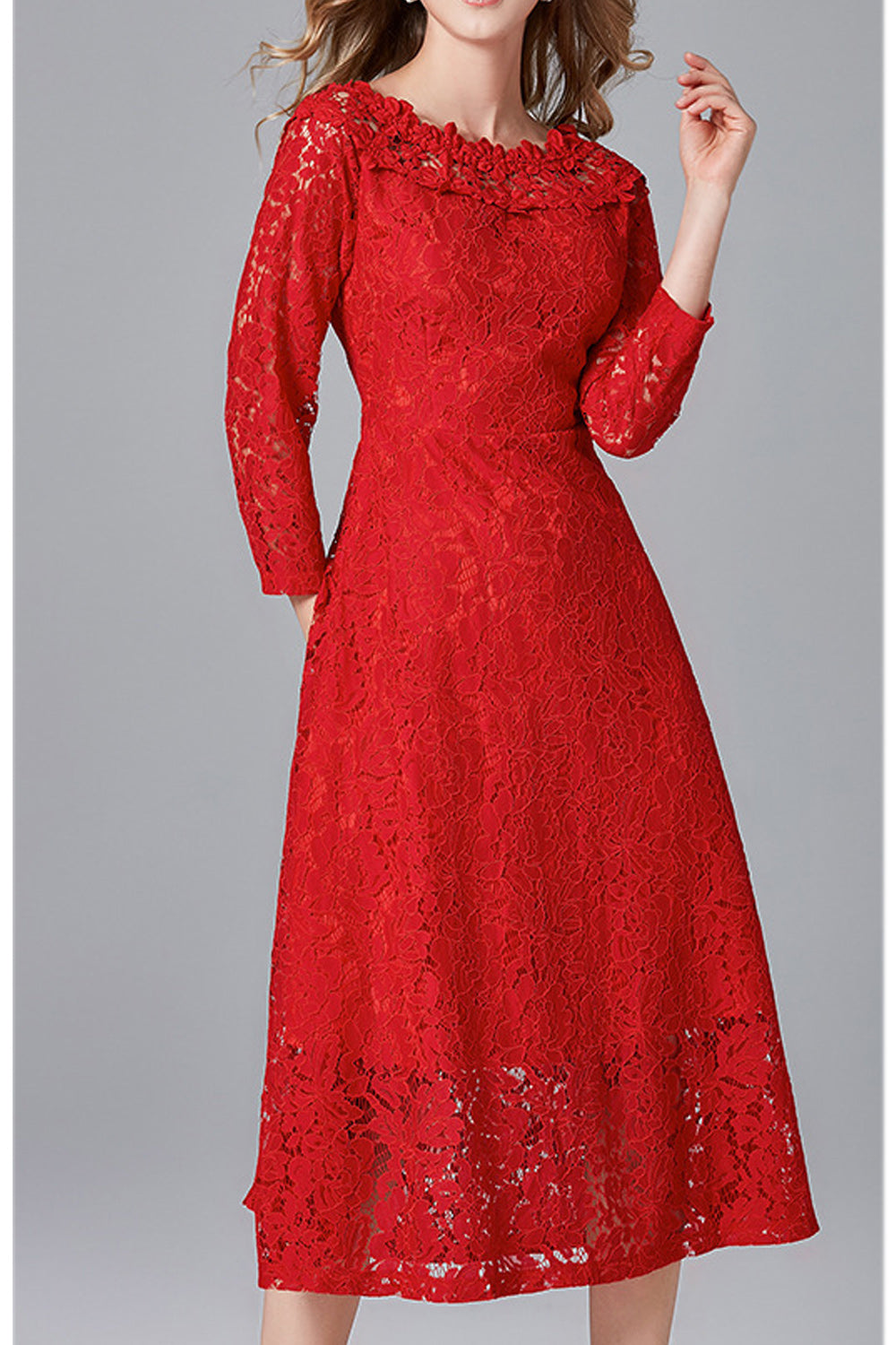 Women Charming Off Shoulder Floral Lace Pattern Red Color Dress