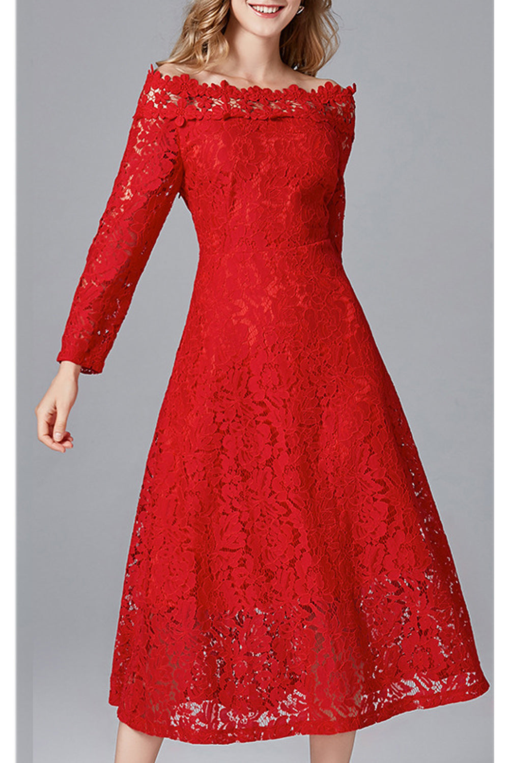 Women Charming Off Shoulder Floral Lace Pattern Red Color Dress