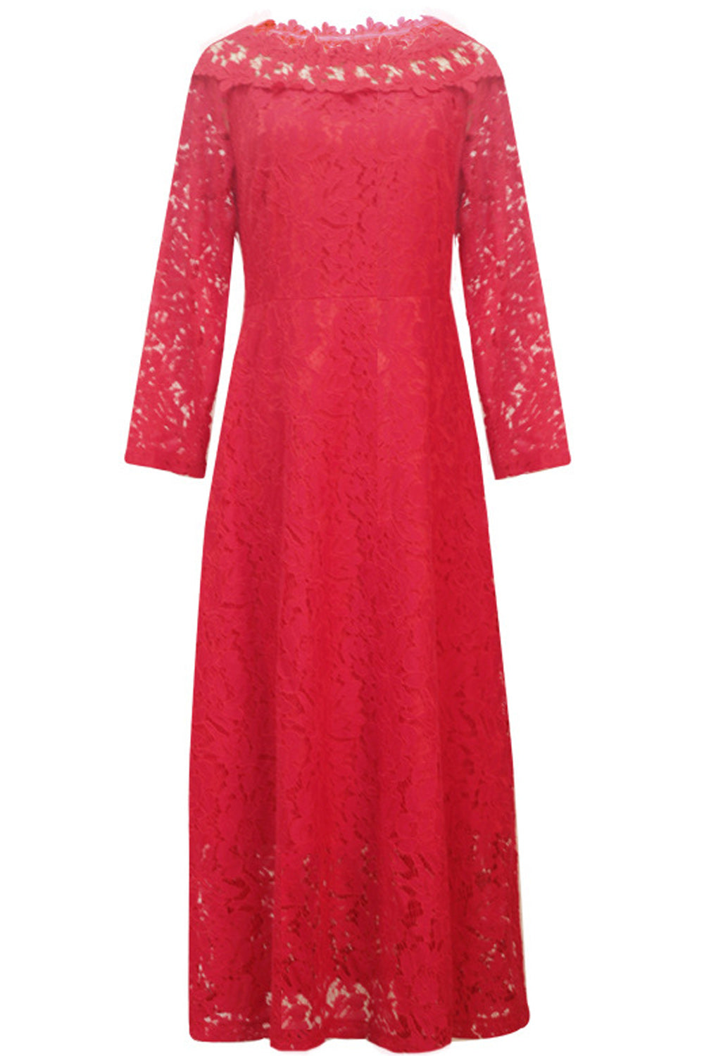 Women Charming Off Shoulder Floral Lace Pattern Red Color Dress
