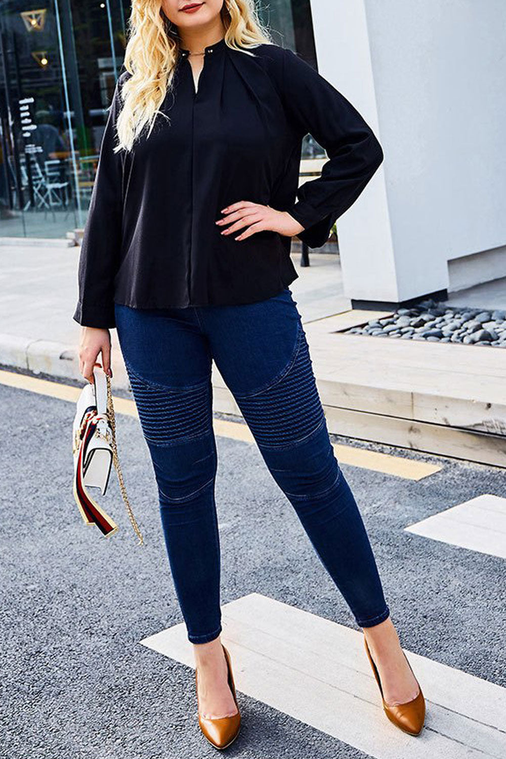 Women Plus BV-Neck Long Sleeve Loose Fit Fashion Shirt