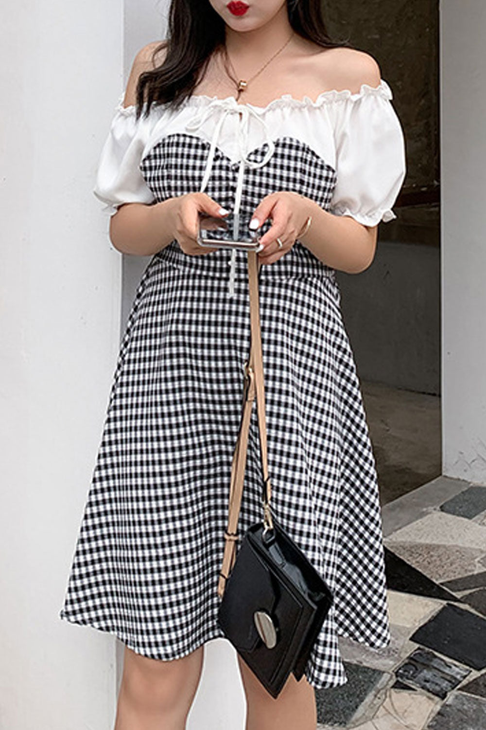 Women Plus Casual Elasticated Neck Plaid Summer Dress