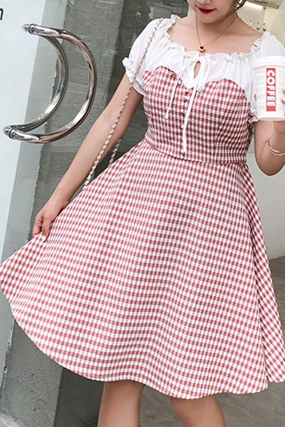 Women Plus Casual Elasticated Neck Plaid Summer Dress