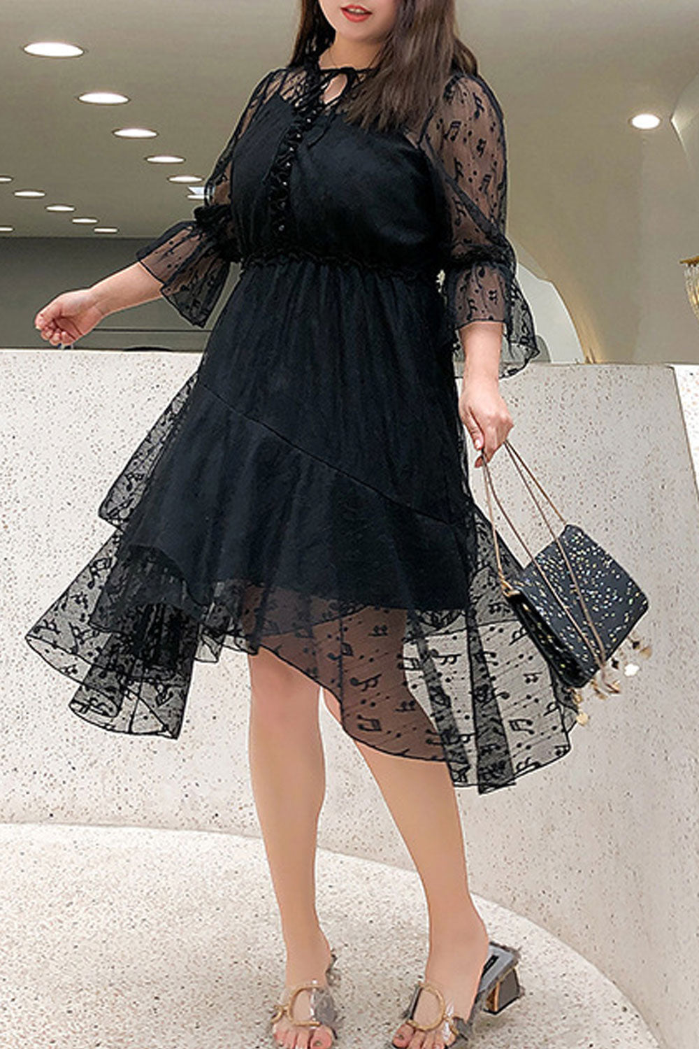 Women Plus See Through Neck Lace Up Irregular Dress
