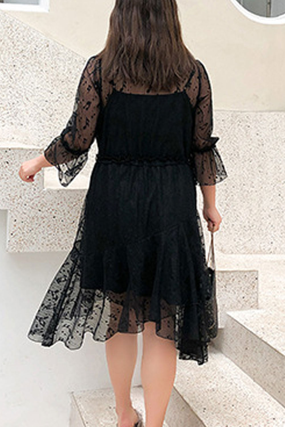 Women Plus See Through Neck Lace Up Irregular Dress