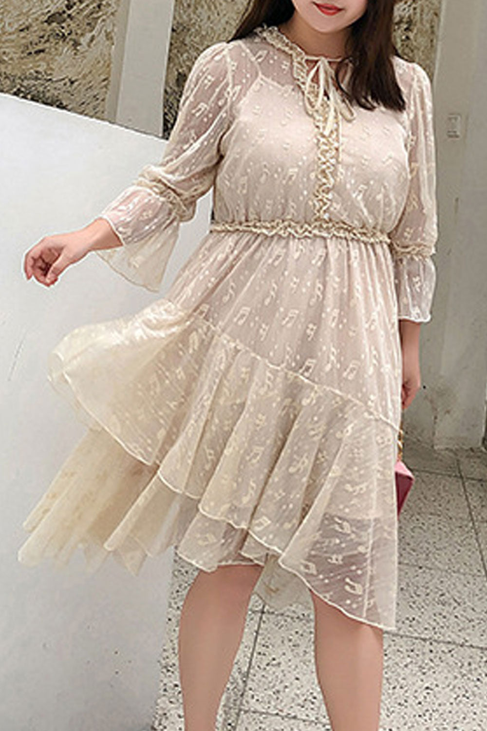 Women Plus See Through Neck Lace Up Irregular Dress