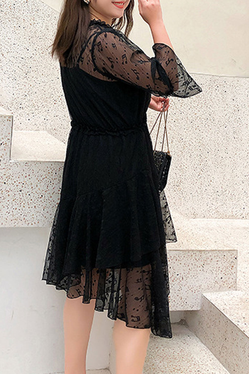 Women Plus See Through Neck Lace Up Irregular Dress