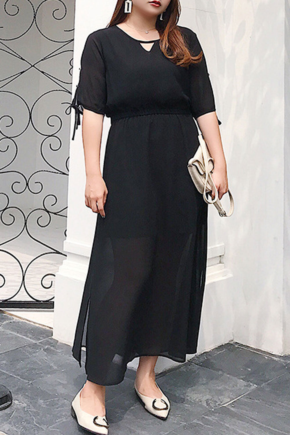 Women Plus Cut Out Sleeve Solid Color Thin Chiffon Dress