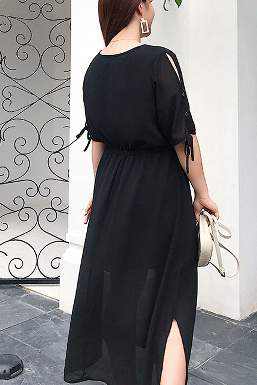 Women Plus Cut Out Sleeve Solid Color Thin Chiffon Dress