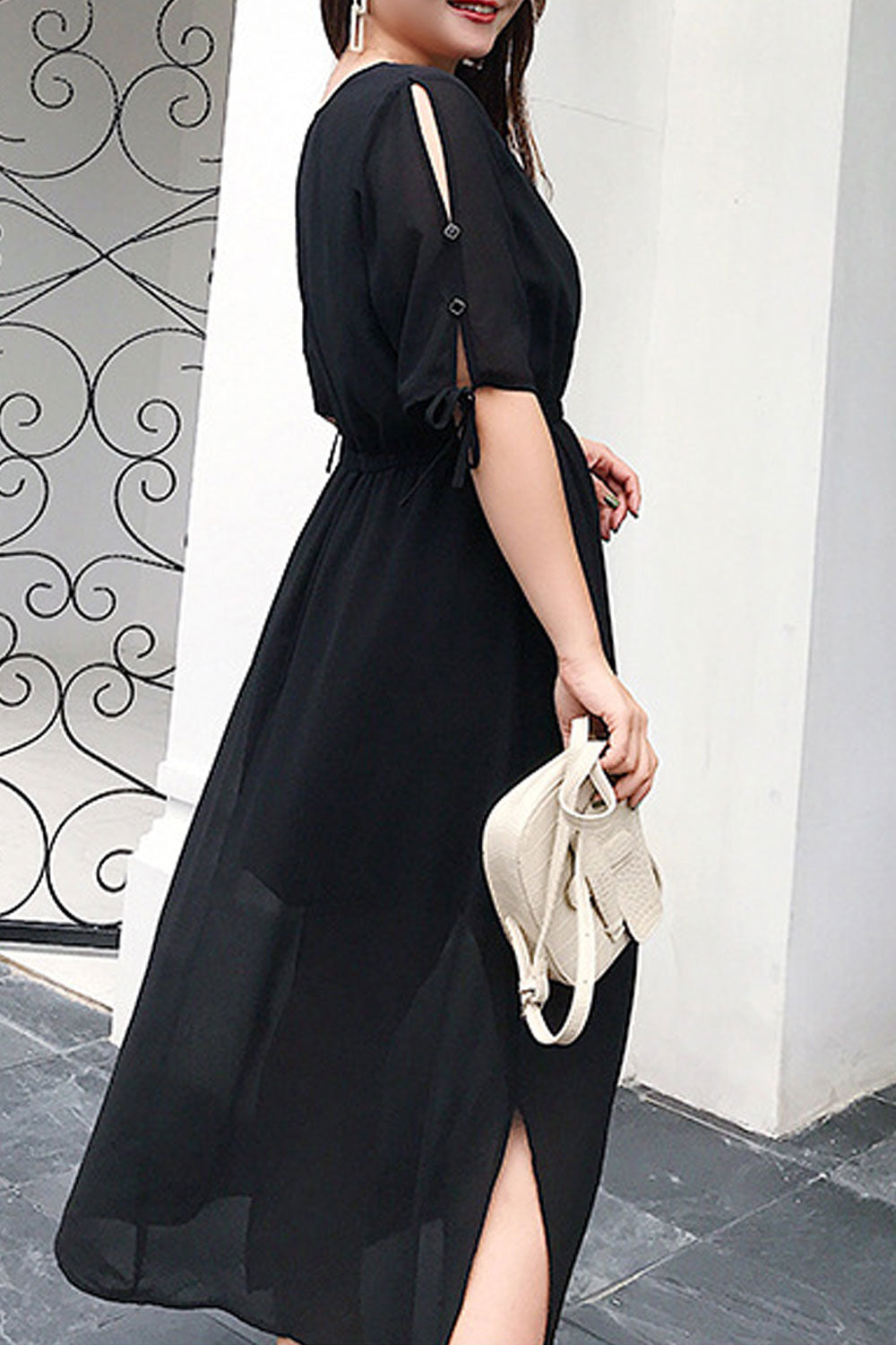Women Plus Cut Out Sleeve Solid Color Thin Chiffon Dress