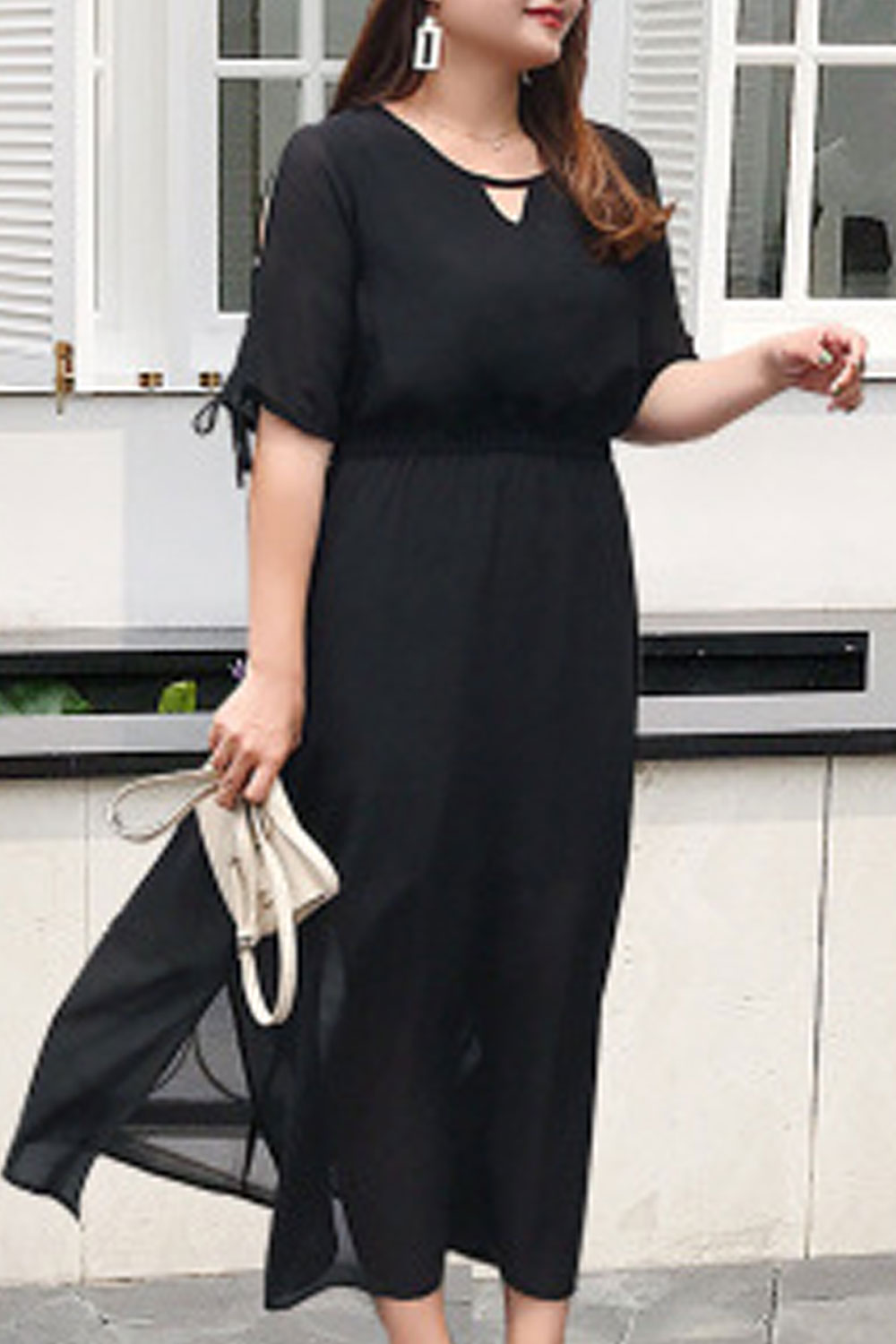 Women Plus Cut Out Sleeve Solid Color Thin Chiffon Dress