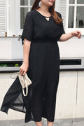 Women Plus Cut Out Sleeve Solid Color Thin Chiffon Dress