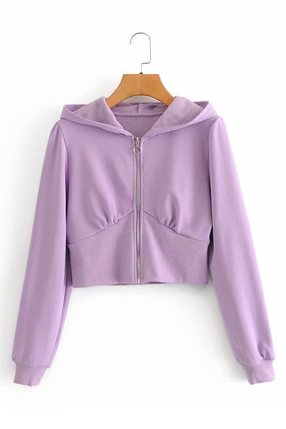 Women Zipper Closure Elegant Solid Colored Ribbed Cuff Long Sleeve Hoodie