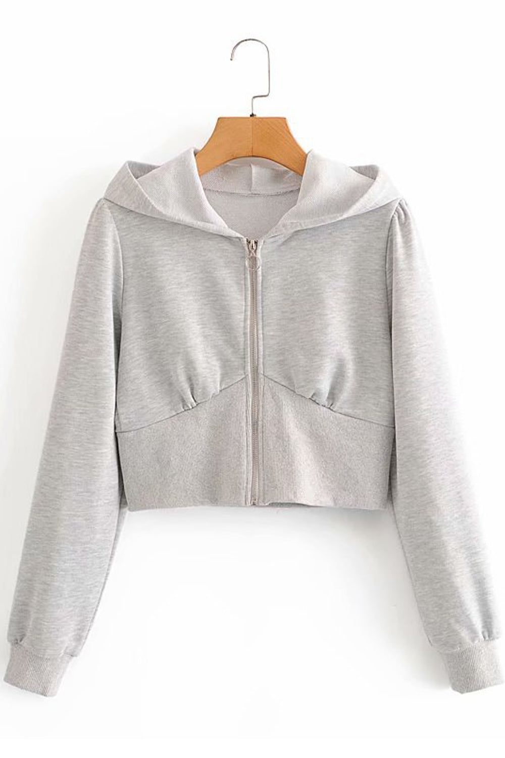 Women Zipper Closure Elegant Solid Colored Ribbed Cuff Long Sleeve Hoodie