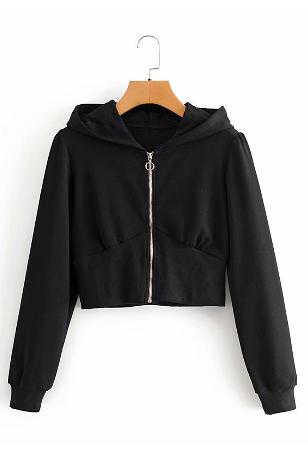 Women Zipper Closure Elegant Solid Colored Ribbed Cuff Long Sleeve Hoodie