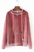 Women Ribbed Hem Comfortable Long Sleeve Kangaroo Pocket Hoodie