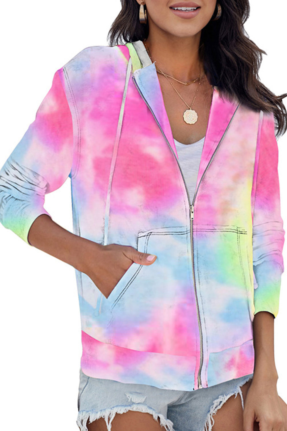 Women Easy Zipper Closure Long Sleeve Ribbed Cuff Tie Dye Pattern Hoodie