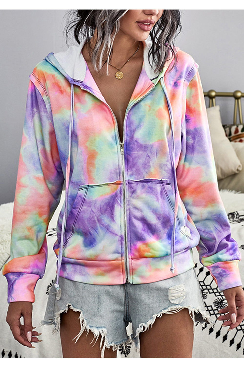 Women Easy Zipper Closure Long Sleeve Ribbed Cuff Tie Dye Pattern Hoodie