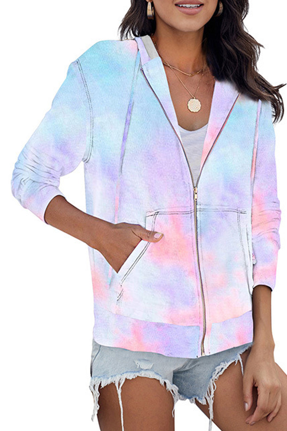 Women Easy Zipper Closure Long Sleeve Ribbed Cuff Tie Dye Pattern Hoodie