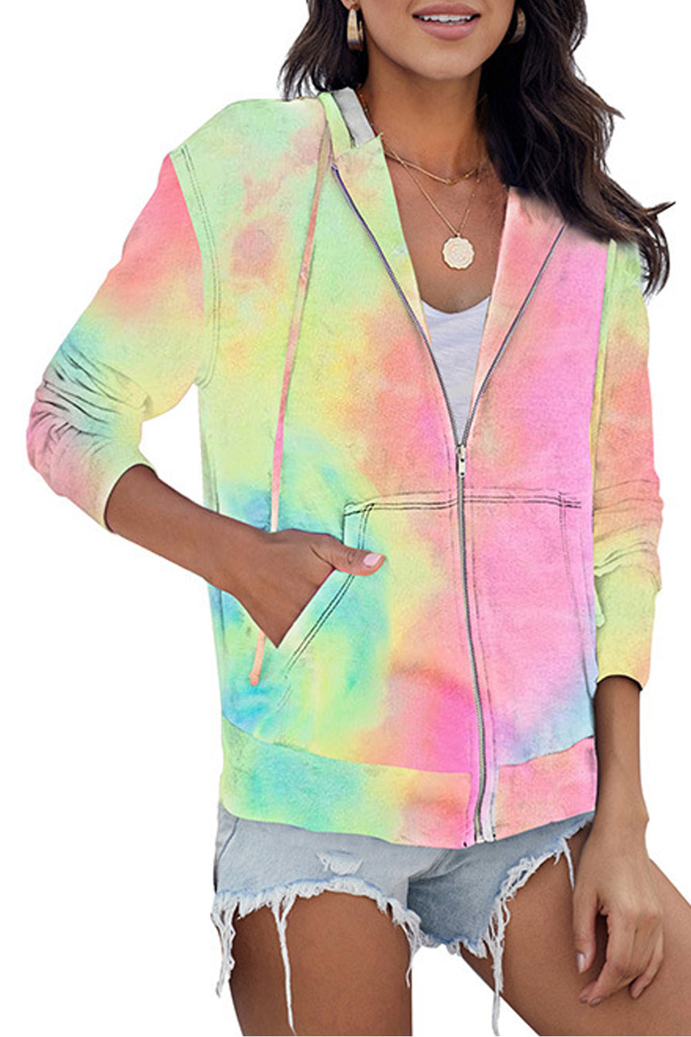 Women Easy Zipper Closure Long Sleeve Ribbed Cuff Tie Dye Pattern Hoodie