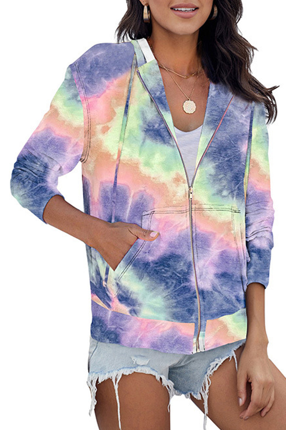 Women Easy Zipper Closure Long Sleeve Ribbed Cuff Tie Dye Pattern Hoodie
