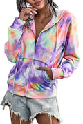 Women Easy Zipper Closure Long Sleeve Ribbed Cuff Tie Dye Pattern Hoodie