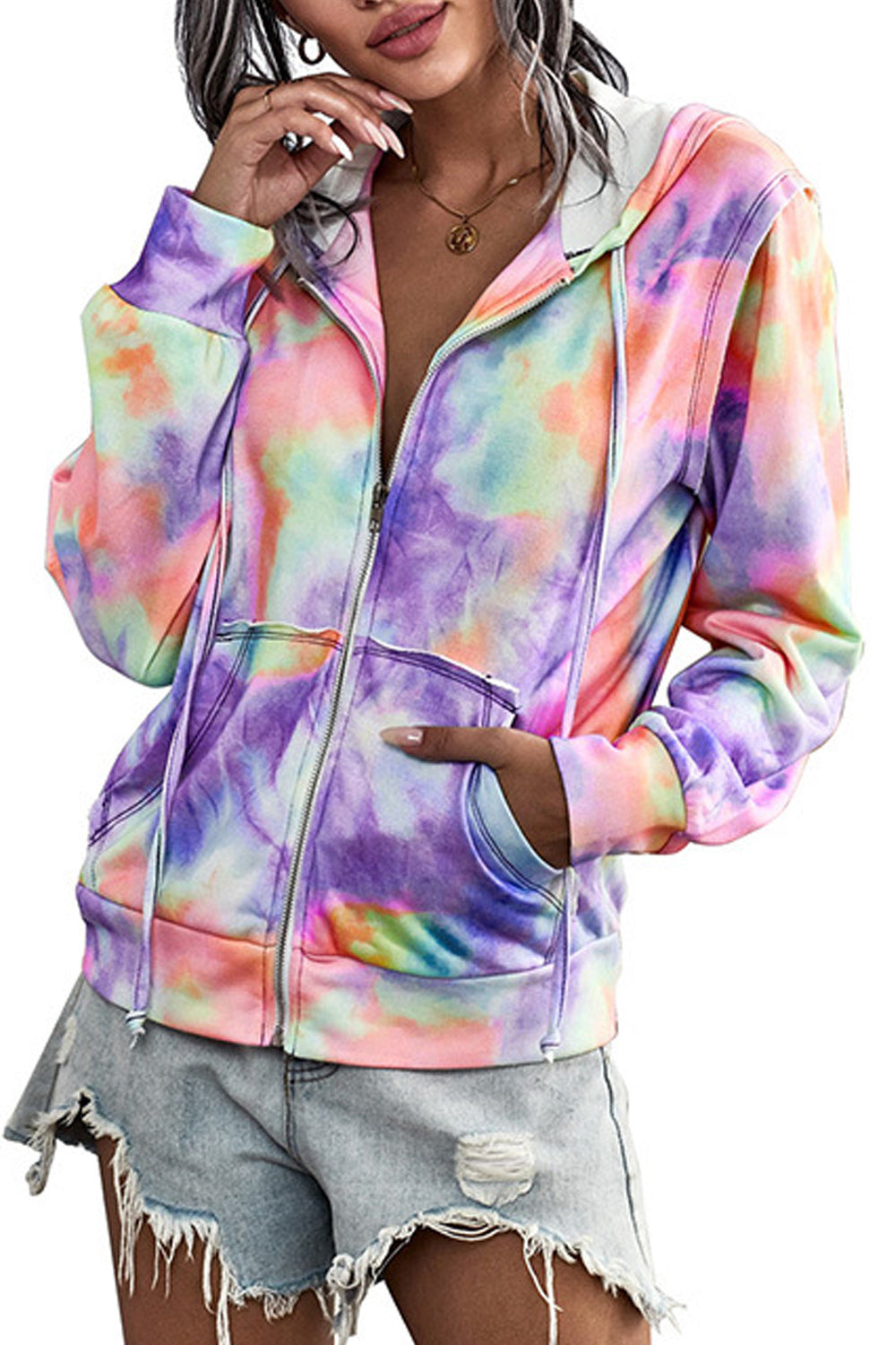 Women Easy Zipper Closure Long Sleeve Ribbed Cuff Tie Dye Pattern Hoodie