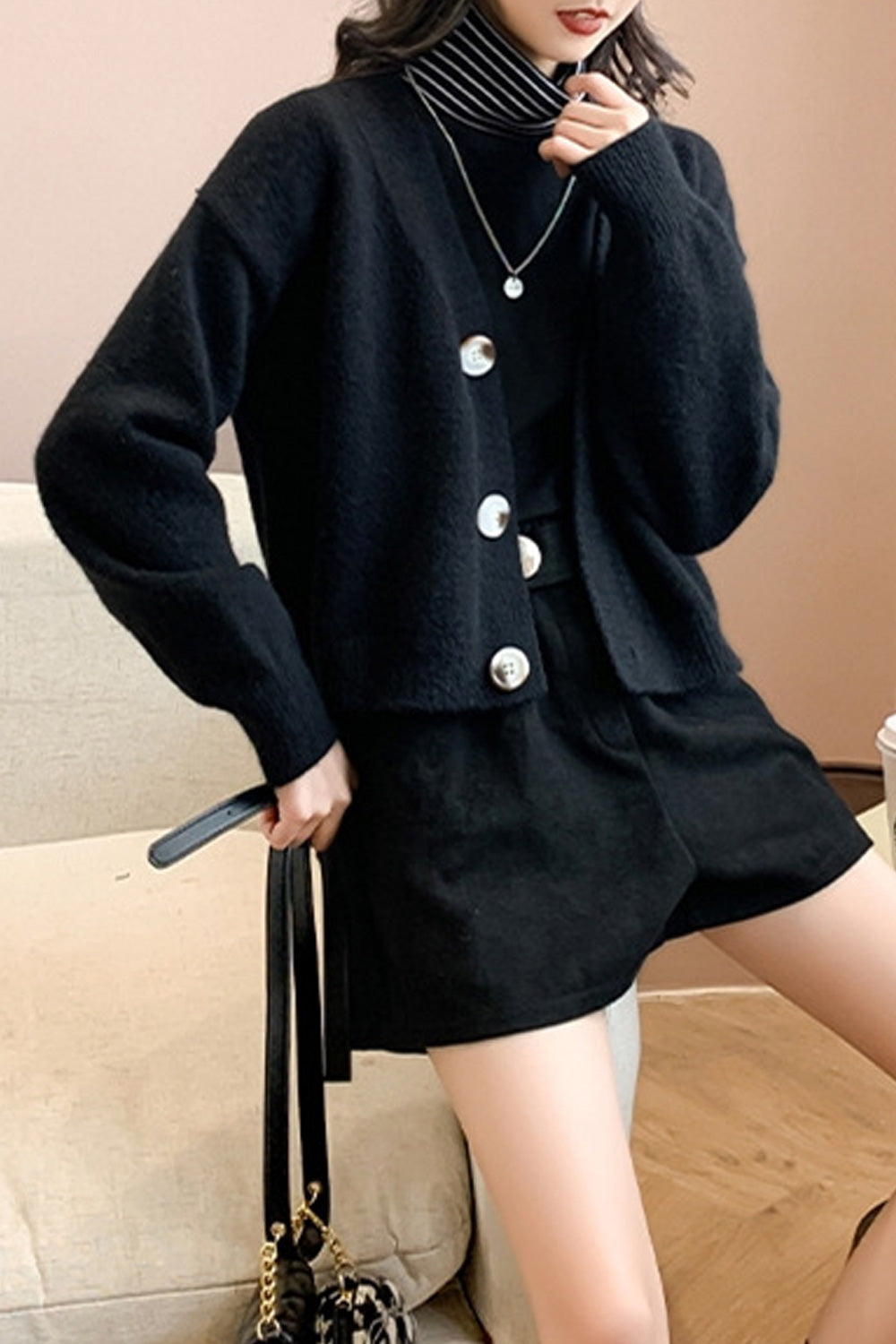 Women Button Closure Warm & Thick Long Sleeve Solid Cardigan