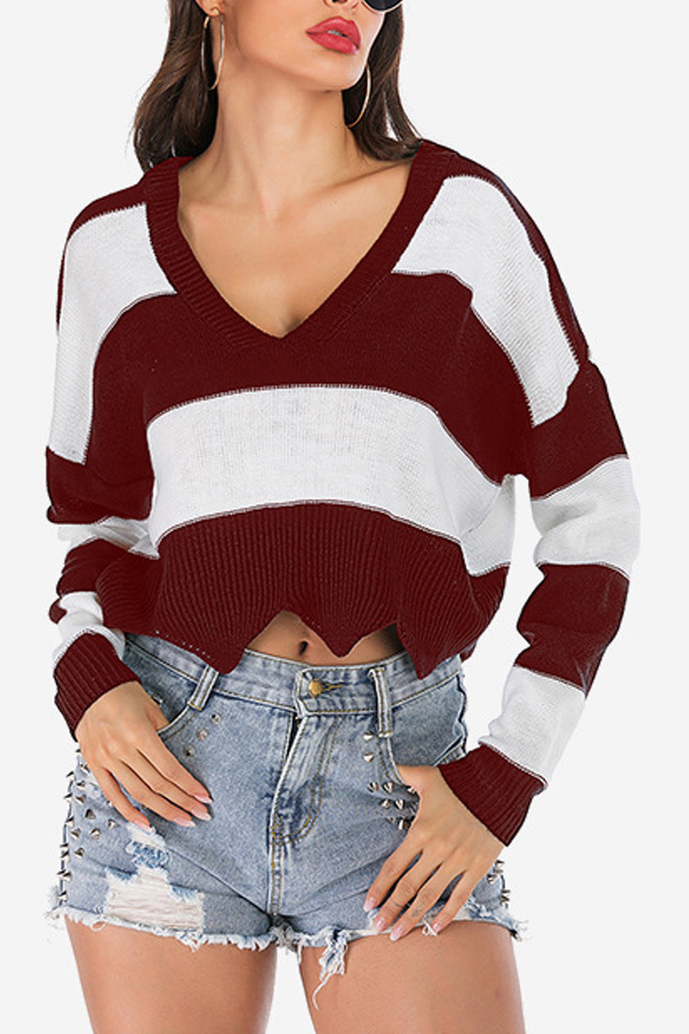 Women Warm V-Neck Striped Loose Fit Knit Sweater