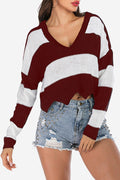 Women Warm V-Neck Striped Loose Fit Knit Sweater