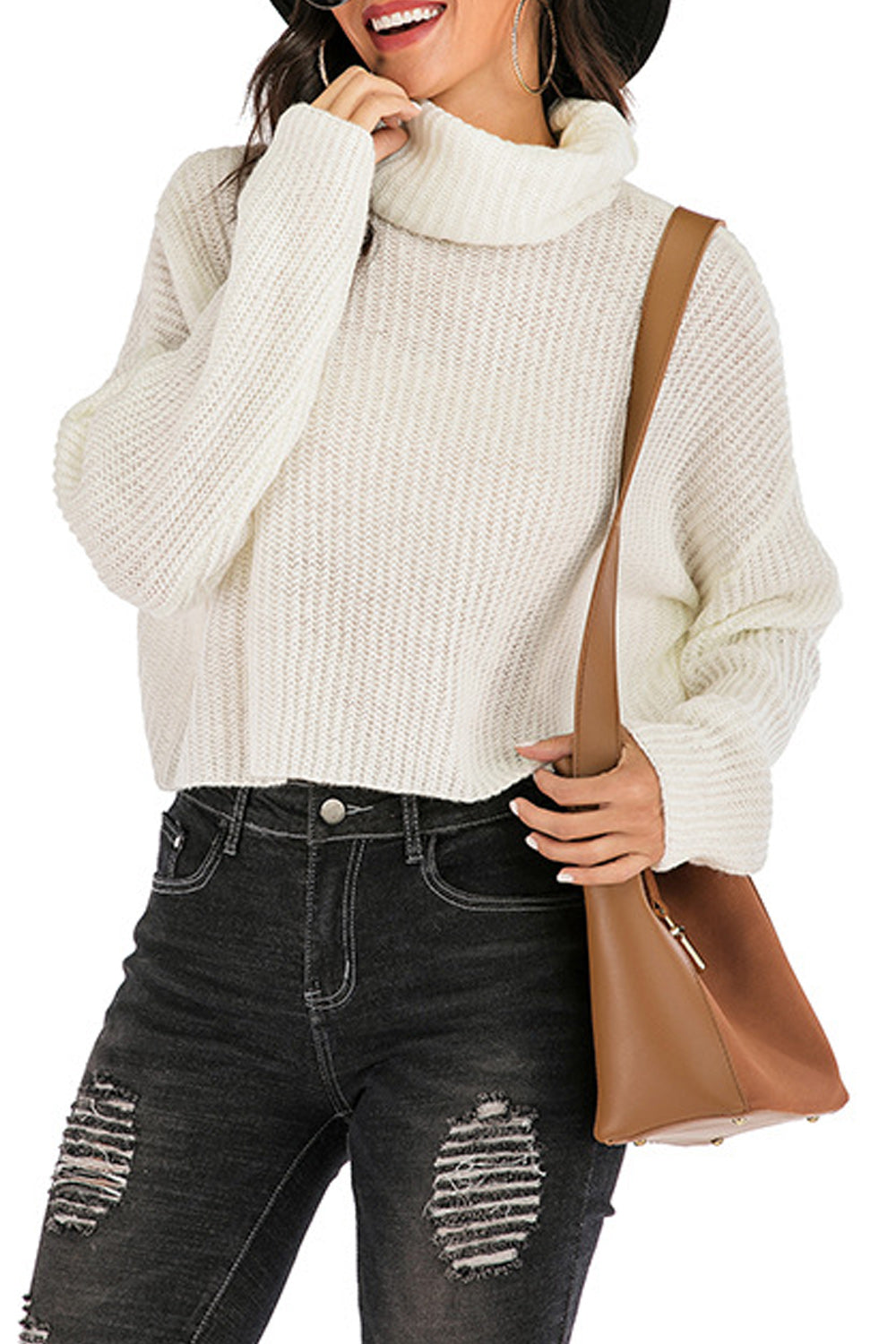 Women High Collar Loose Fit Warm Cropped Sweater