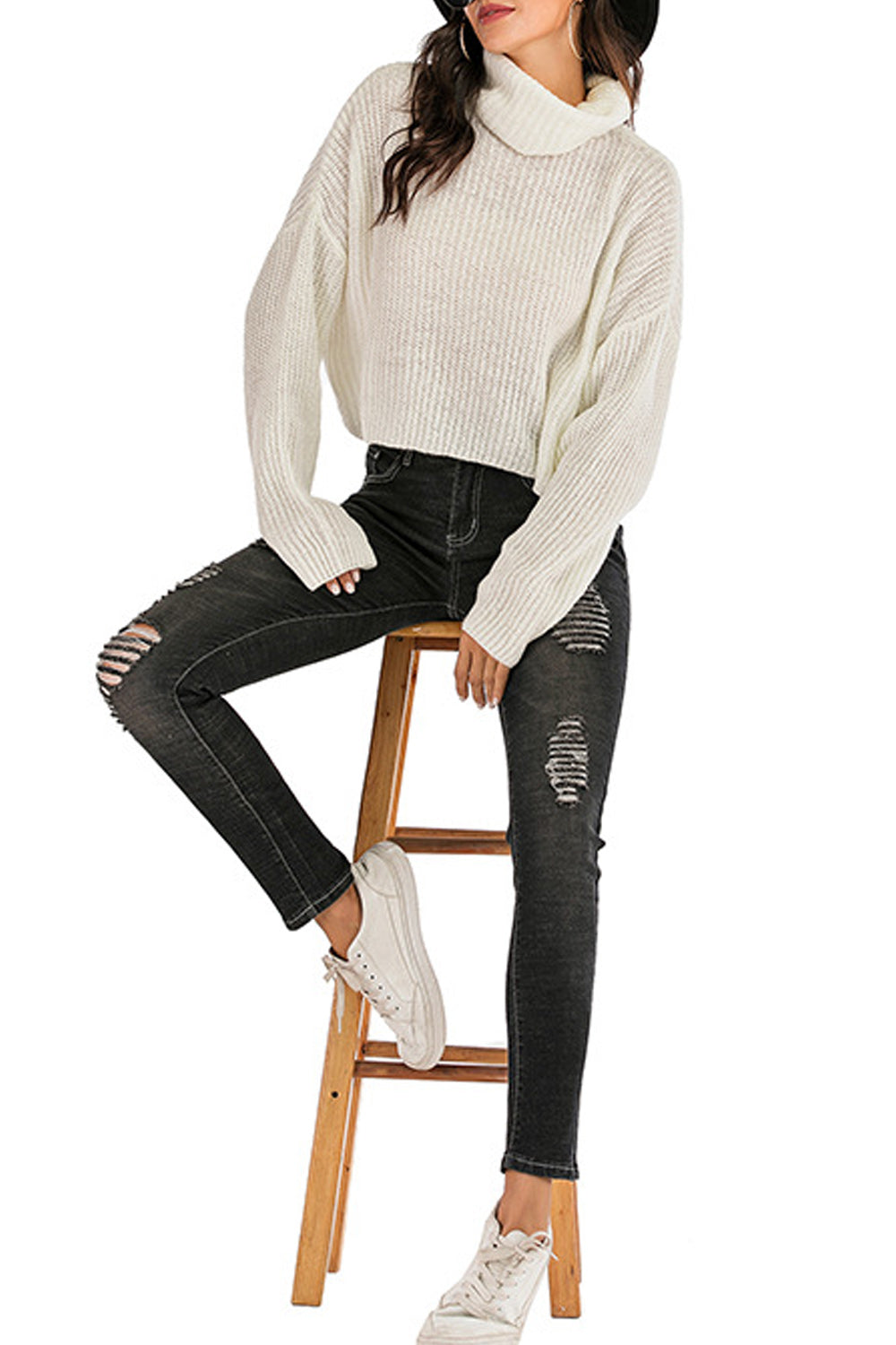 Women High Collar Loose Fit Warm Cropped Sweater