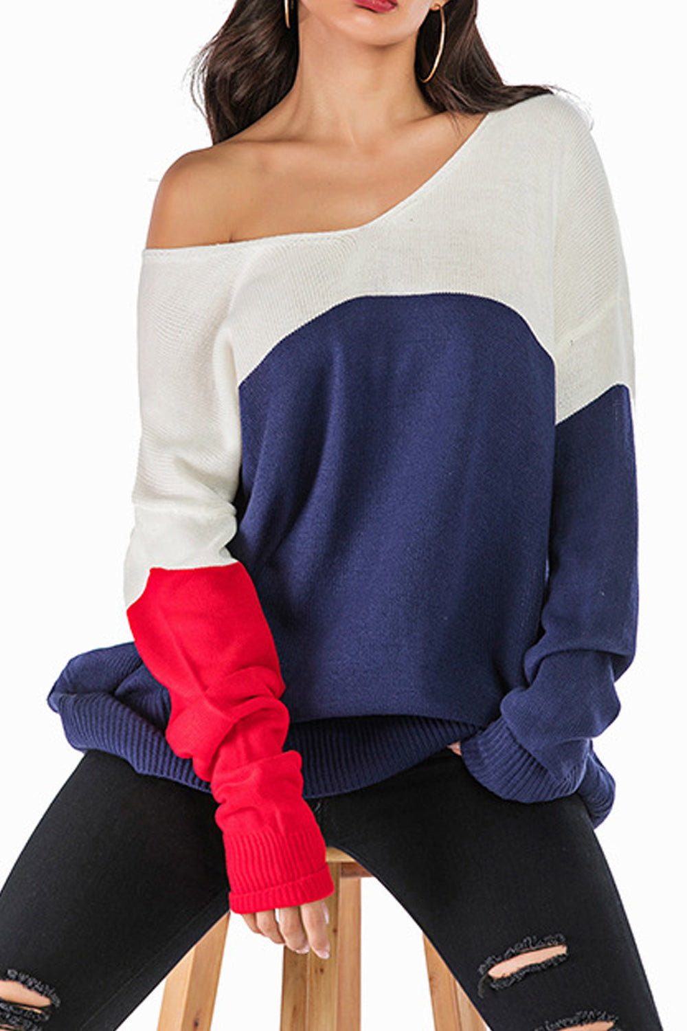 Women Round Neck Contrast Long Sleeve Color Matching Sweater