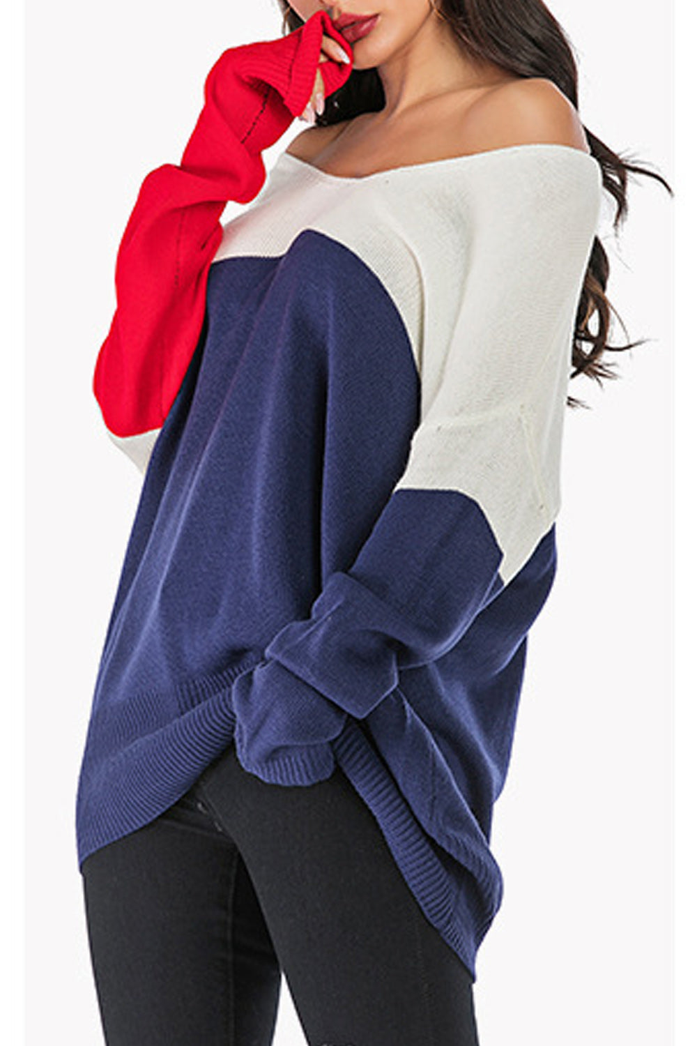 Women Round Neck Contrast Long Sleeve Color Matching Sweater