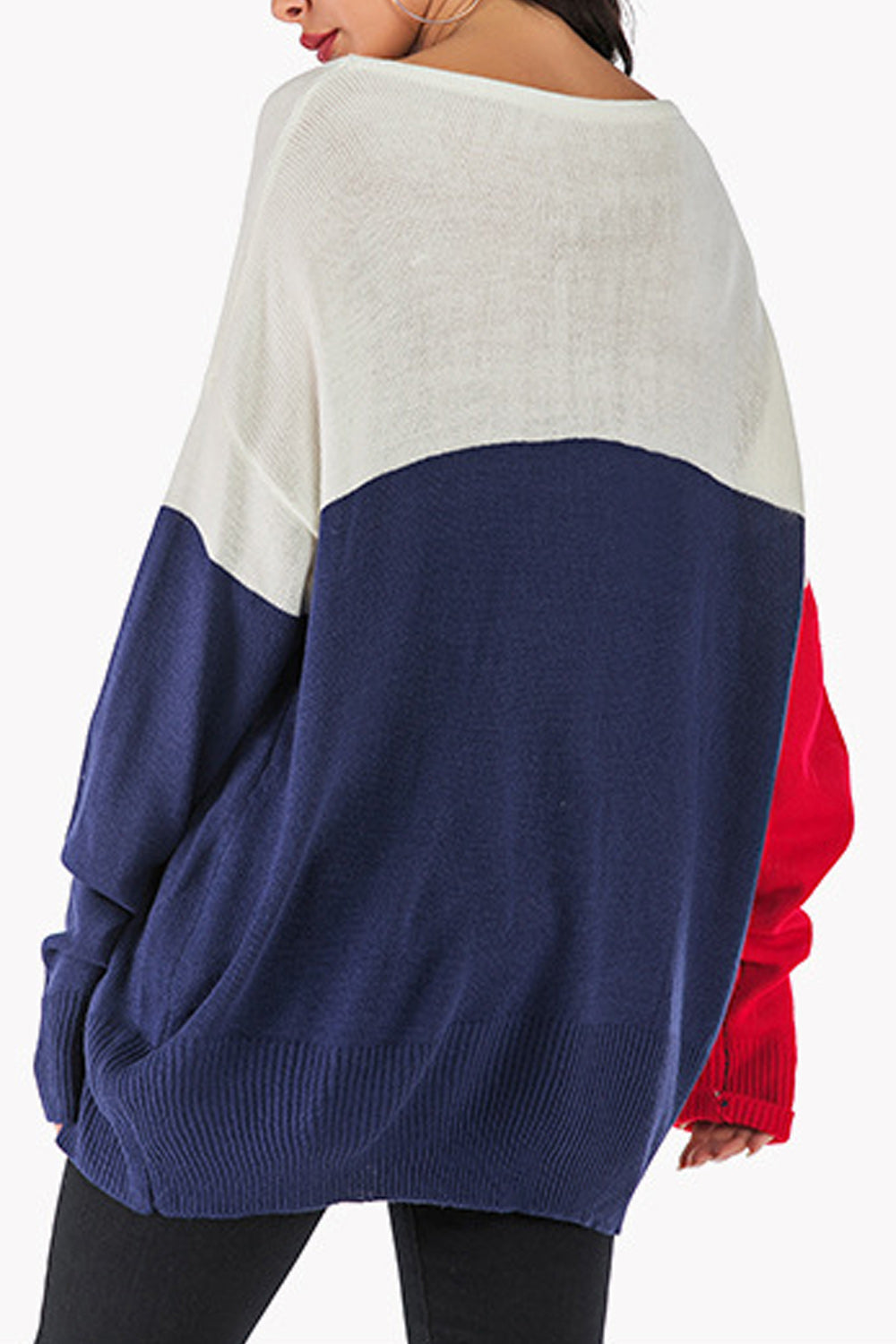 Women Round Neck Contrast Long Sleeve Color Matching Sweater