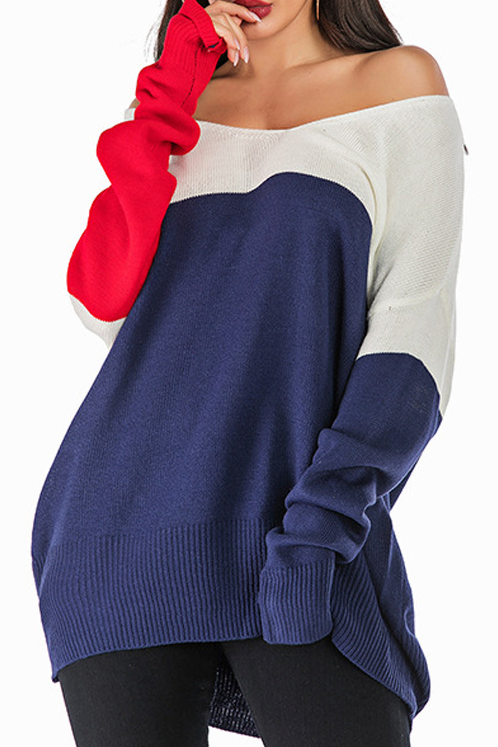 Women Round Neck Contrast Long Sleeve Color Matching Sweater