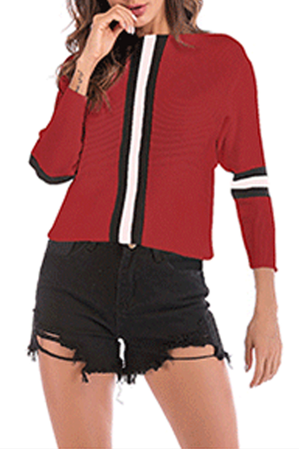 Women Striped Front Boat Neck Long Sleeve Stylish Sweater Top