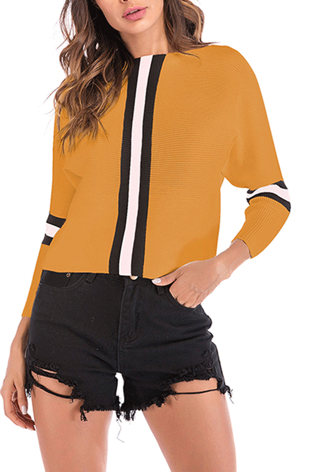 Women Striped Front Boat Neck Long Sleeve Stylish Sweater Top