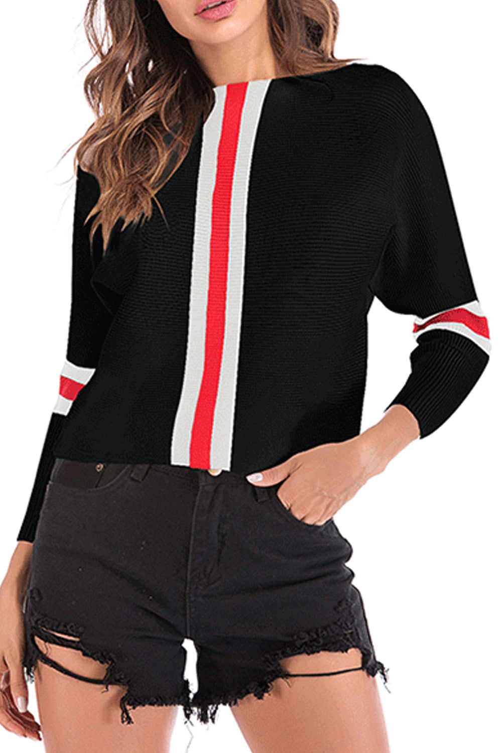 Women Striped Front Boat Neck Long Sleeve Stylish Sweater Top
