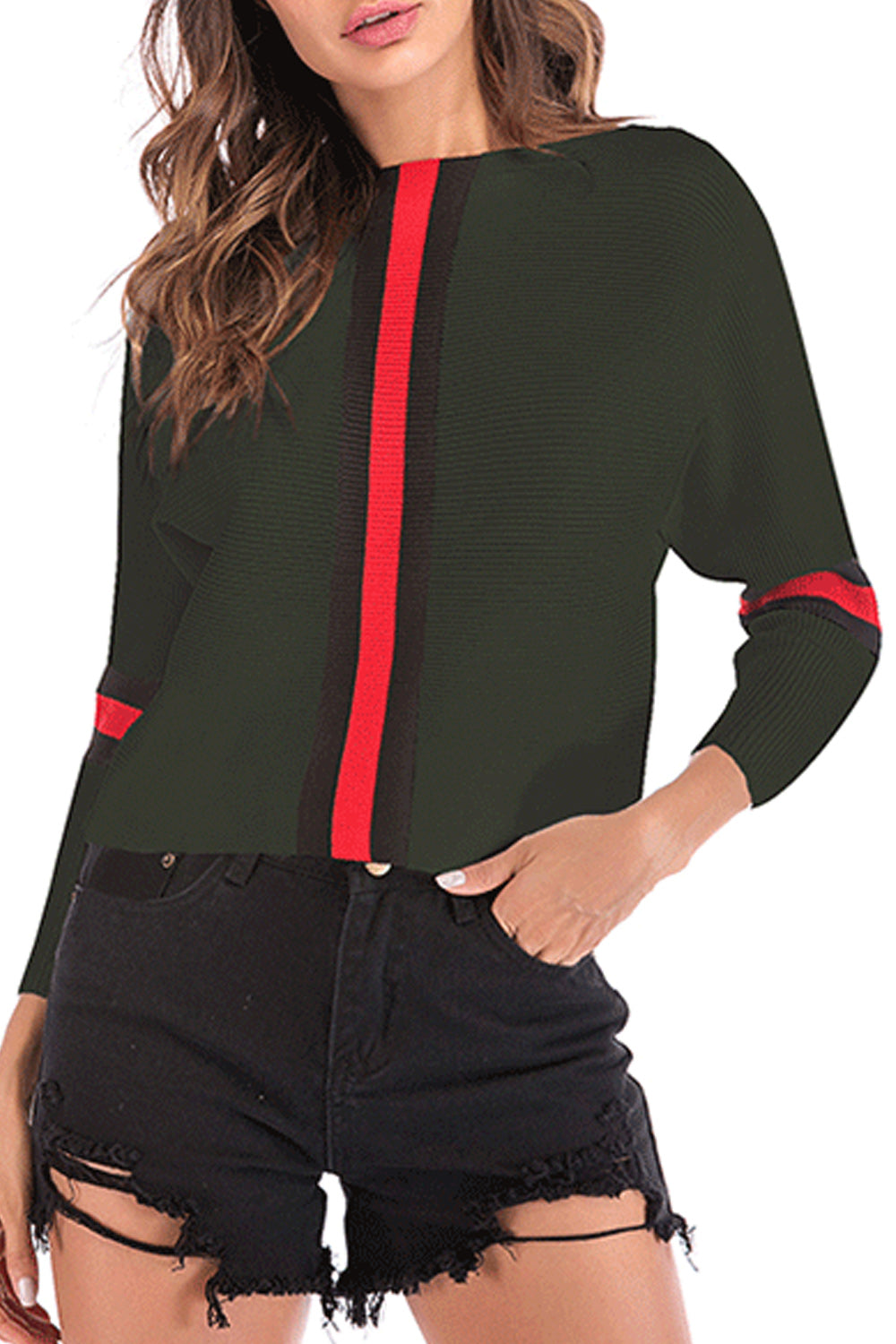 Women Striped Front Boat Neck Long Sleeve Stylish Sweater Top