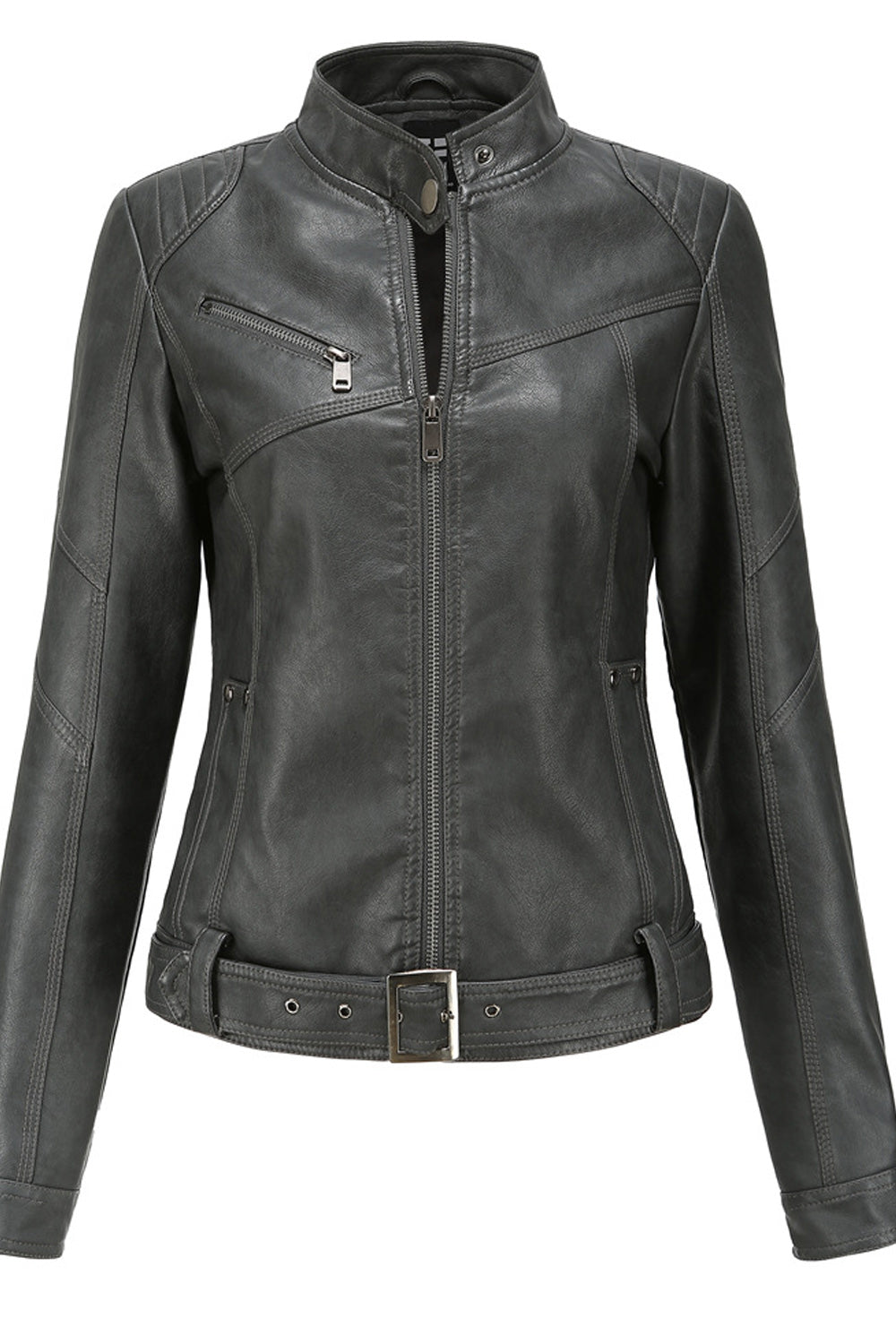 Women Belt Hem Long Sleeve Elegant Solid Colored Warm Leather Jacket