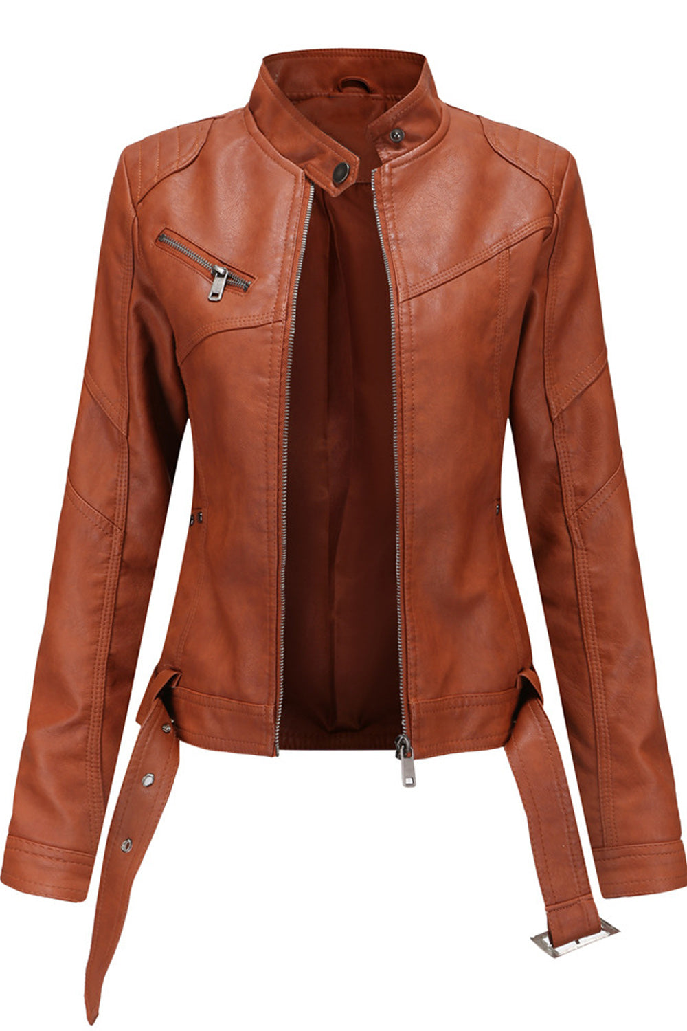 Women Belt Hem Long Sleeve Elegant Solid Colored Warm Leather Jacket