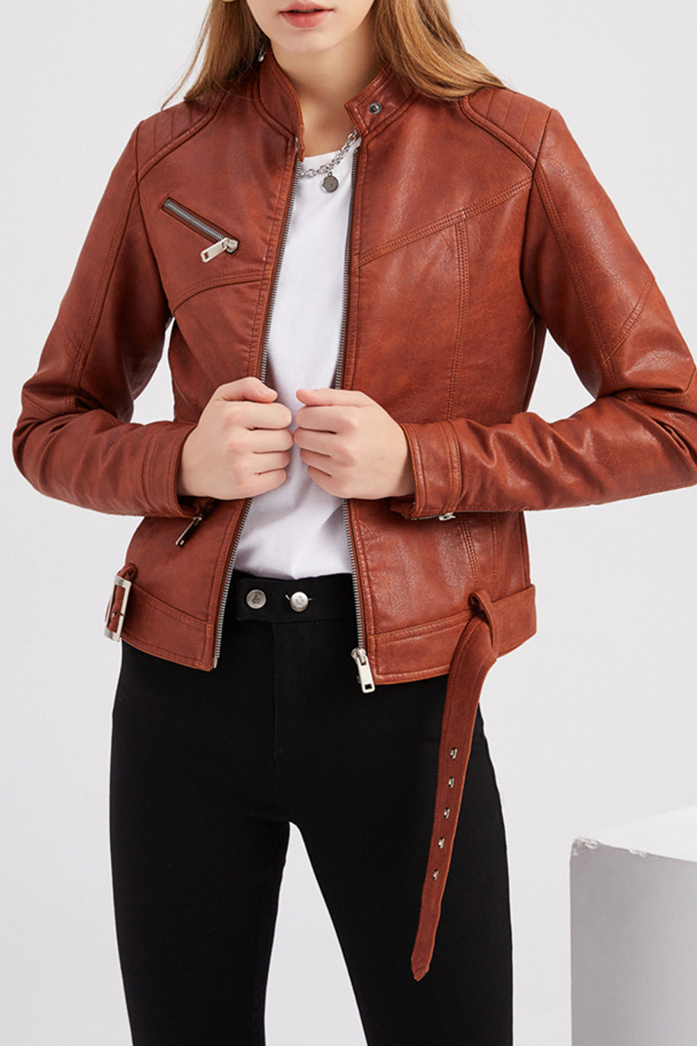 Women Belt Hem Long Sleeve Elegant Solid Colored Warm Leather Jacket