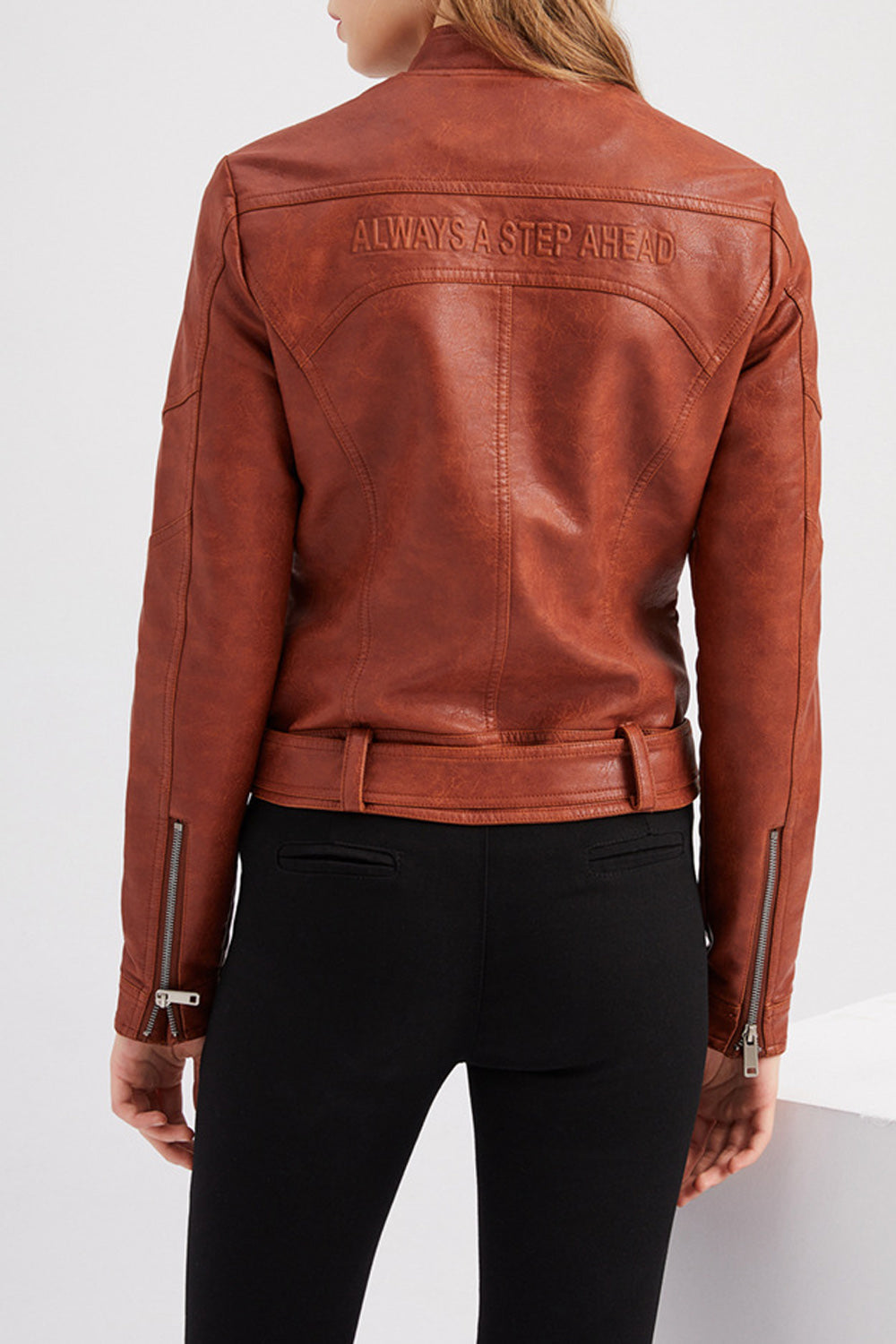 Women Belt Hem Long Sleeve Elegant Solid Colored Warm Leather Jacket