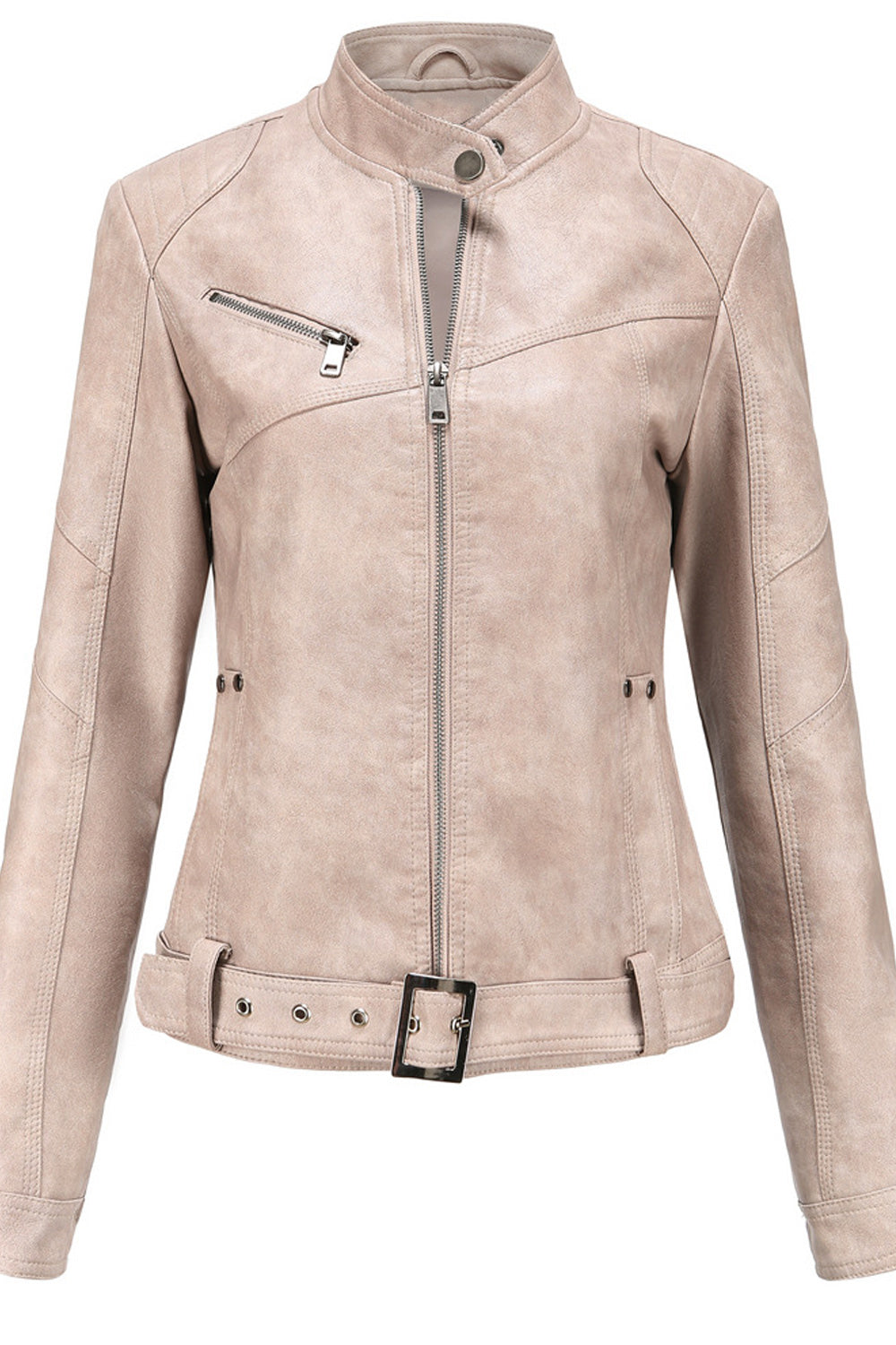 Women Belt Hem Long Sleeve Elegant Solid Colored Warm Leather Jacket