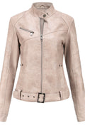 Women Belt Hem Long Sleeve Elegant Solid Colored Warm Leather Jacket