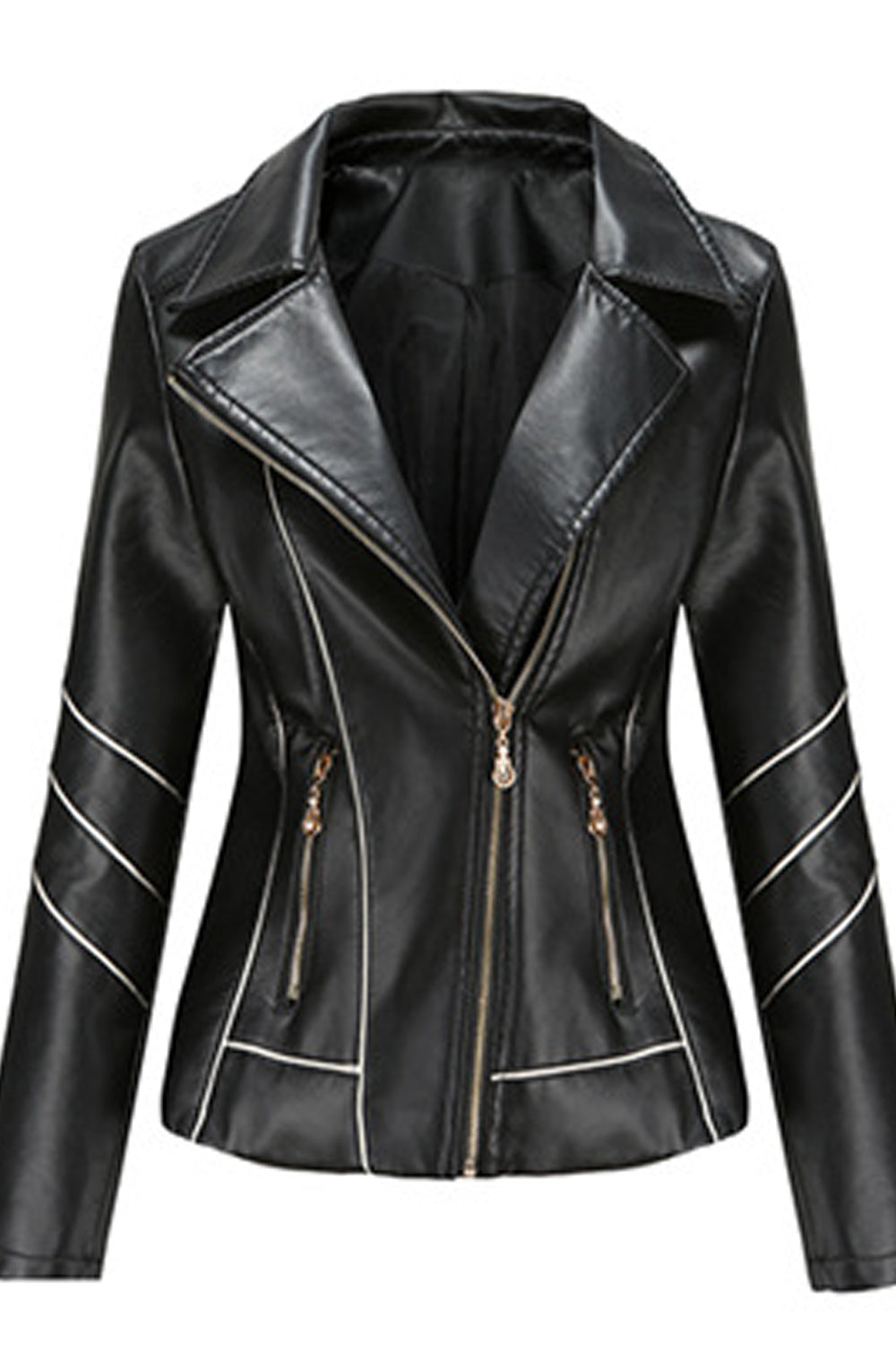 Women Fashionable Long Sleeve Collar Neck Zipper Pocket Leather Jacket
