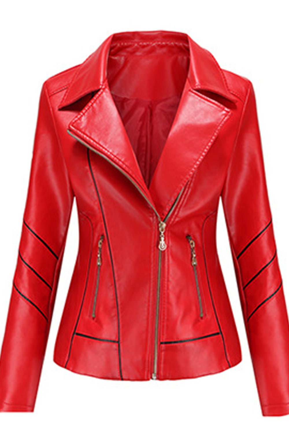 Women Fashionable Long Sleeve Collar Neck Zipper Pocket Leather Jacket