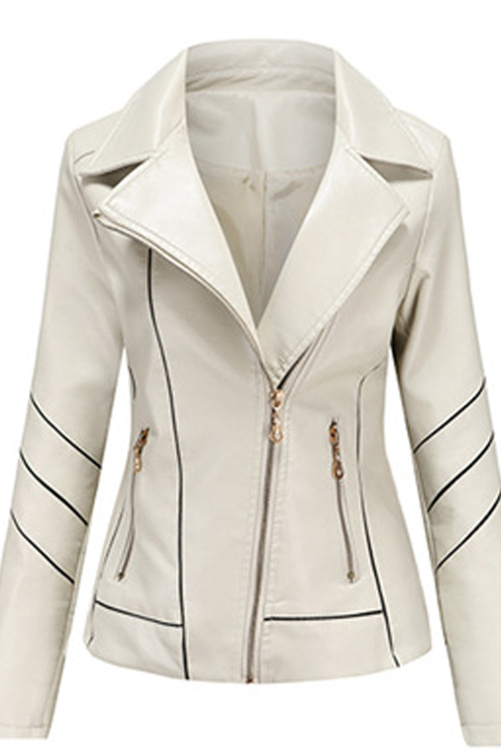 Women Fashionable Long Sleeve Collar Neck Zipper Pocket Leather Jacket