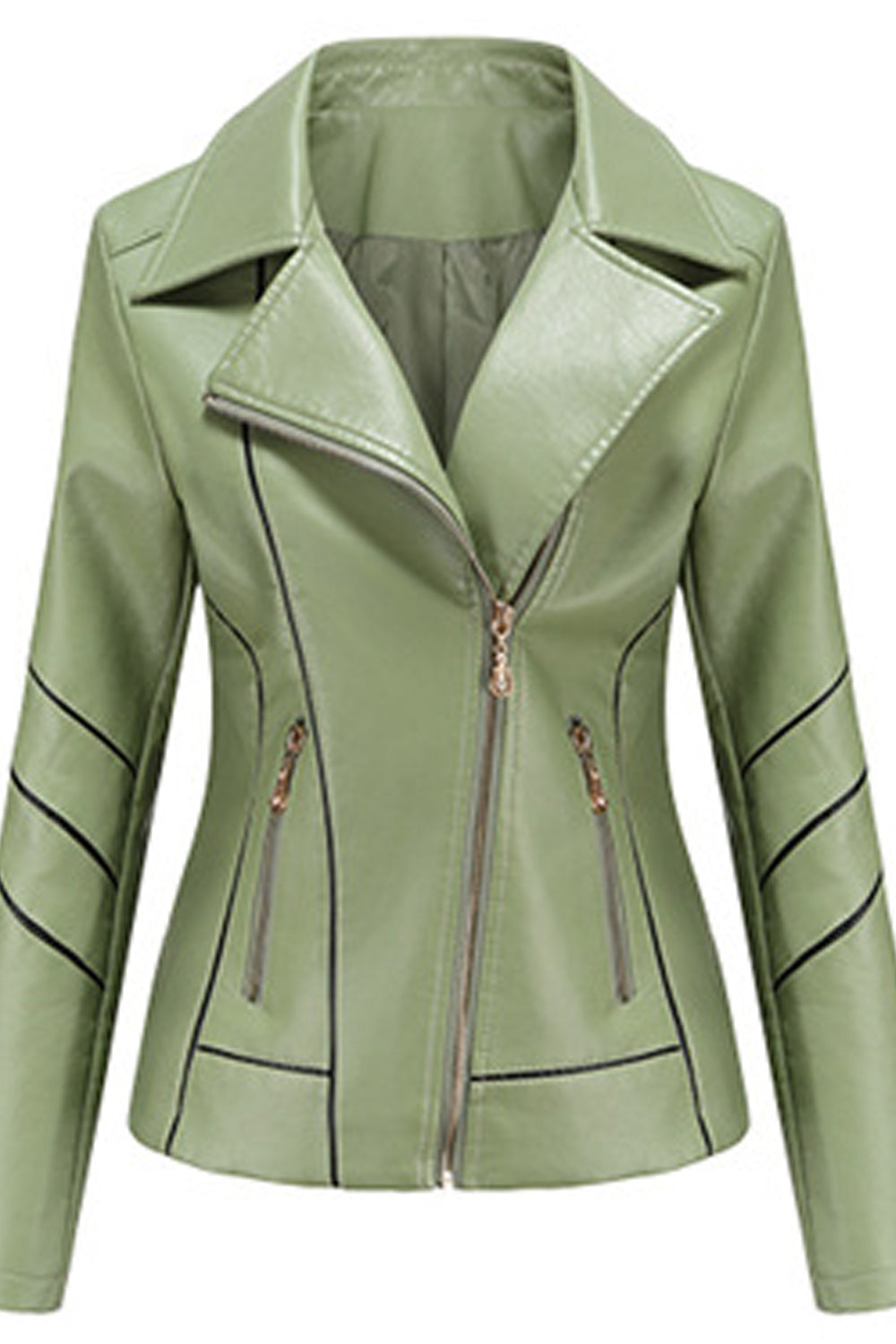 Women Fashionable Long Sleeve Collar Neck Zipper Pocket Leather Jacket