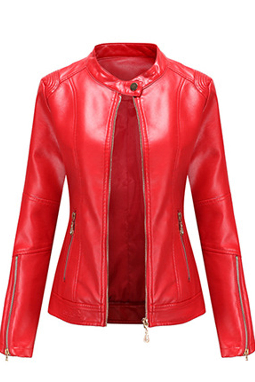 Women Elegant Solid Colored Style Long Sleeve Collar Neck Leather Jacket
